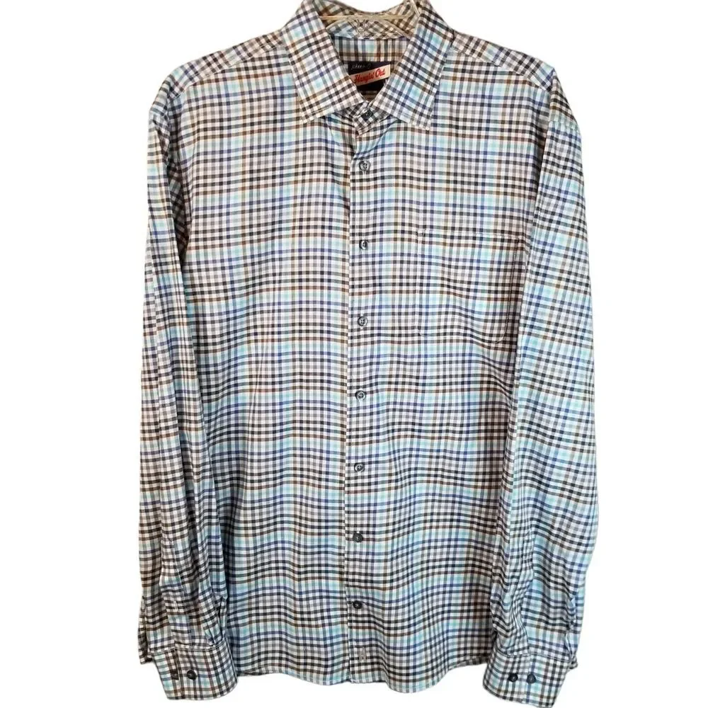 Johnnie O Hangin Out Shirt Mens Large Blue Gray Plaid Surf Button Up Long Sleeve - Picture 1 of 11